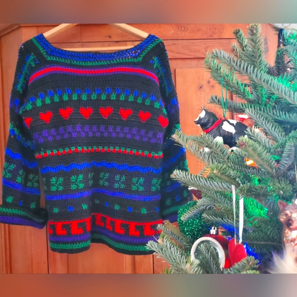 Knit Sweater, Handmade, Black With Green, Blue And Red Patterning, Adult Sized
